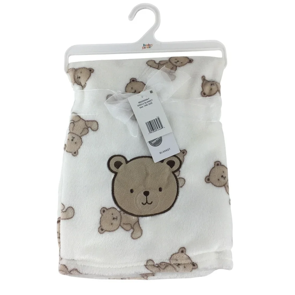 Baby Gear Blanket White Teddy Bear Plush Fleece Embroidered 30x40 Inches